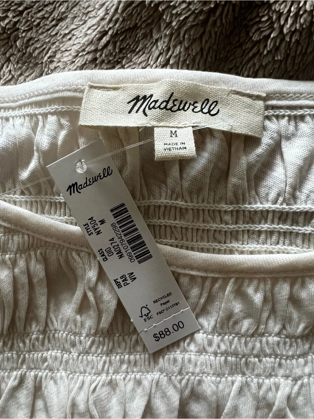 Madewell Ivory Smocked Long-Sleeve Cotton Blouse - Size Medium, Brand NWT